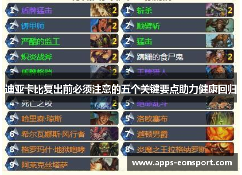迪亚卡比复出前必须注意的五个关键要点助力健康回归